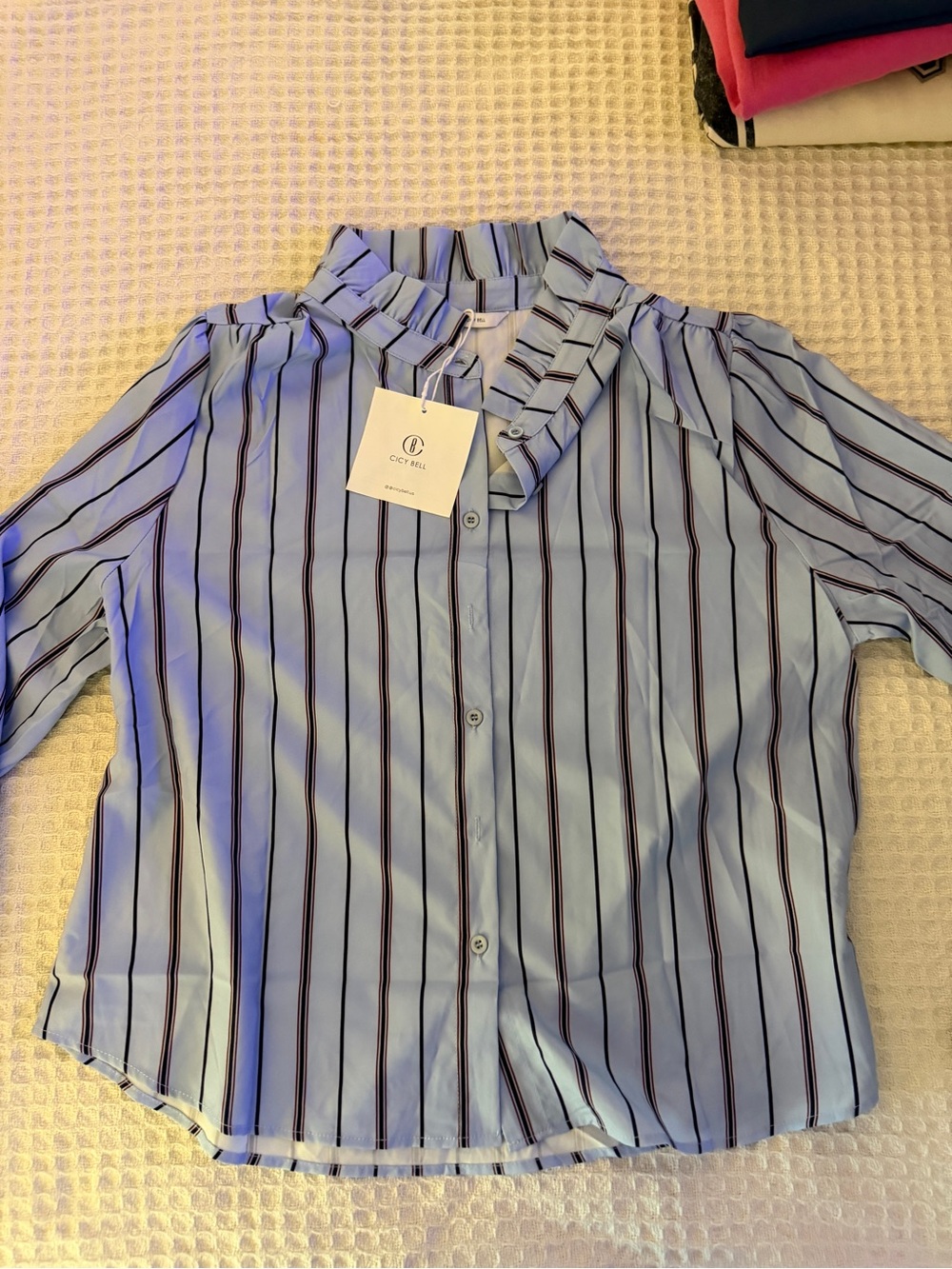 C&C California Light Blue Striped Ruffle Collar Button-Down Shirt